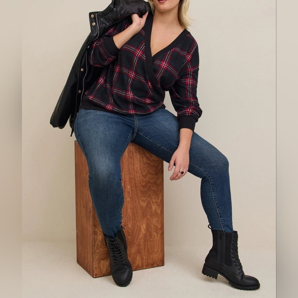 Plaid Brushed Waffle Surplice Drop Shoulder Top - PLUS SIZE 00 / M/L / 10 (D6-1)